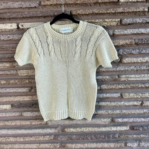 Helen Hsu Vintage Beige Cable Knit Short Sleeve 100% Cotton Sweater Size Small - Picture 6 of 6